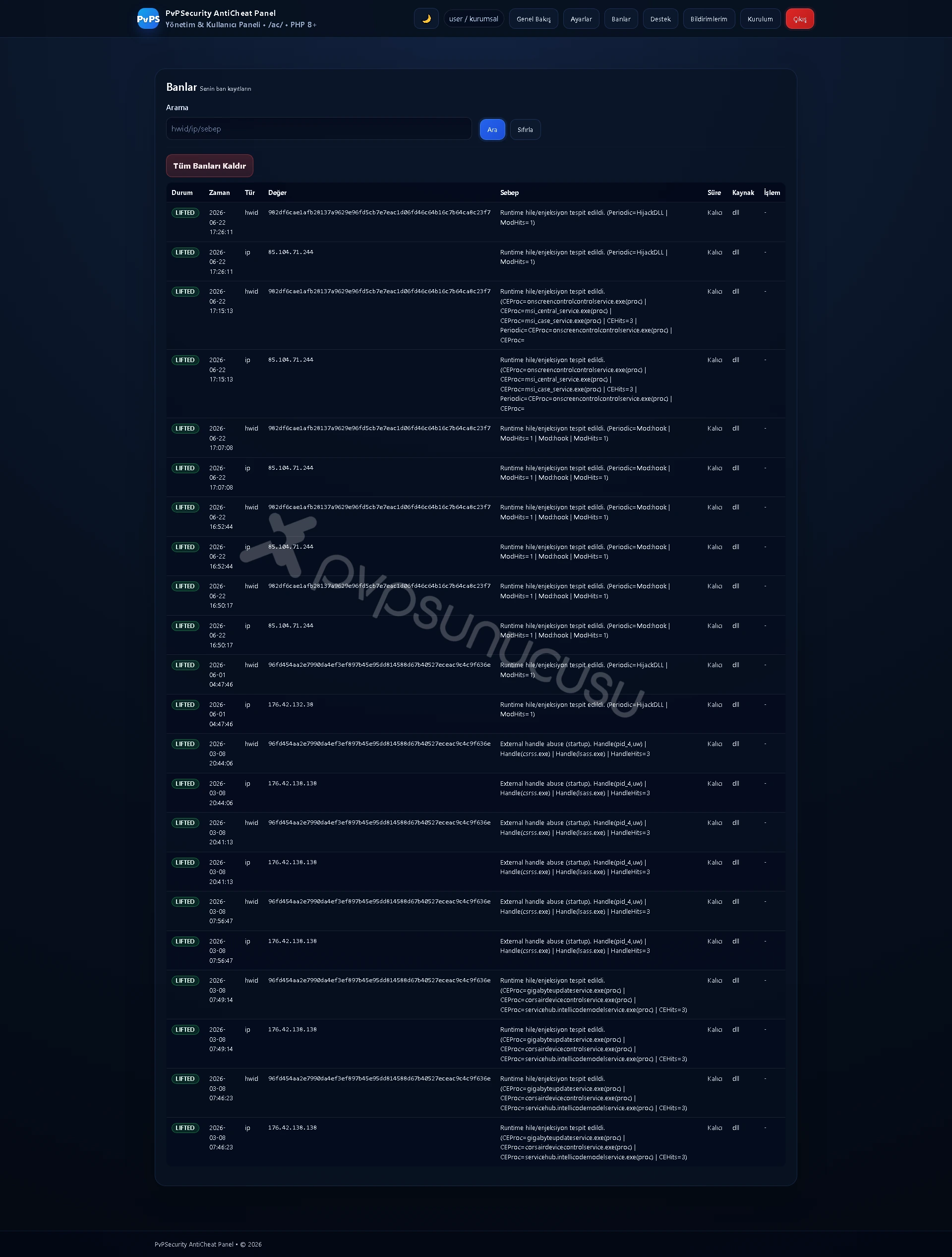 HWID ve IP Ban Kayıtlarını Ayrıntılı Yönetin HWID ve IP Ban Kayıtlarını Ayrıntılı Yönetin görseli